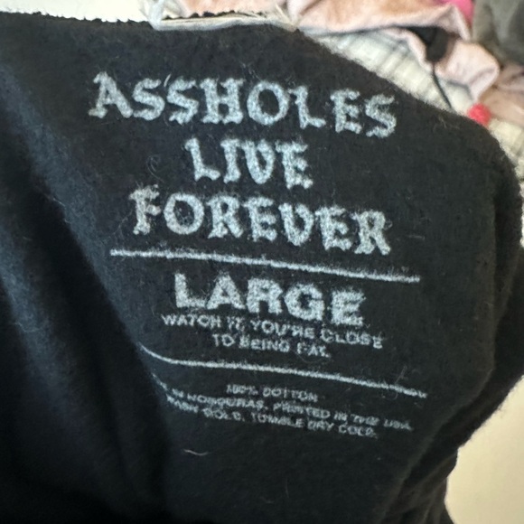 Assholes Live Forever Black White Flame Skull 40oz Bottle Graphics Hoodie Size L - Picture 12 of 15